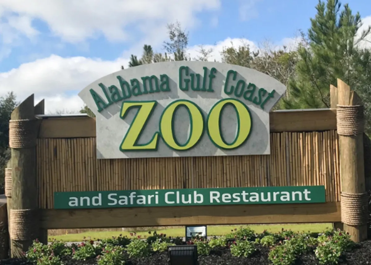 A vibrant exterior shot of the Alabama Gulf Coast Zoo entrance, featuring the zoo sign, bamboo accents, and neatly landscaped flowers. The cheerful setting hints at fun, animal encounters, and family-friendly activities just a short drive from the condo.